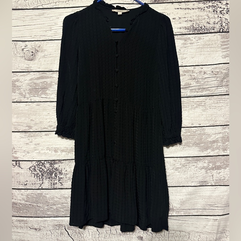 LOFT Petite Small Black Tiered Button Front Dress SP